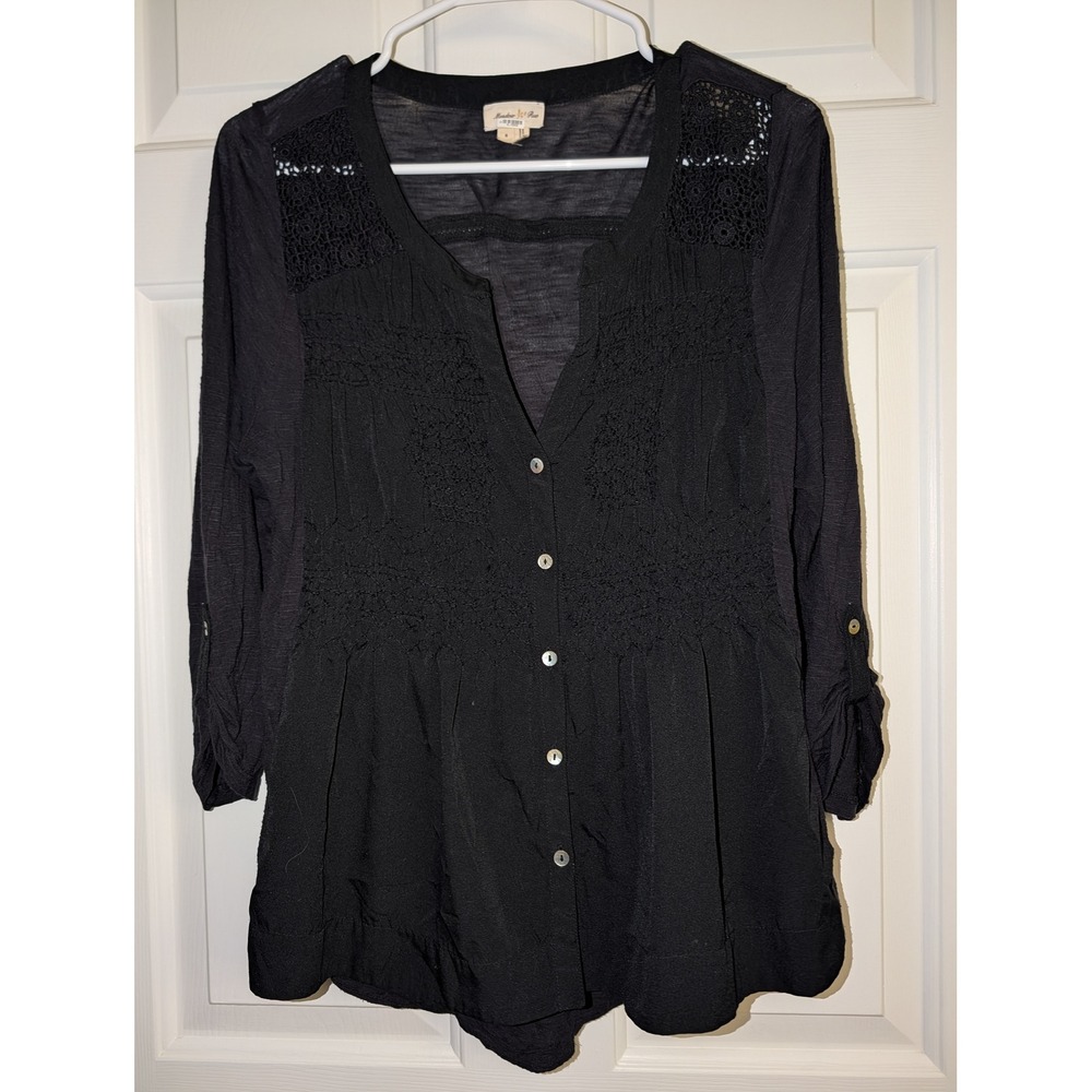 Meadow Rue Anthropologie Black Crochet Lace Smocked Roll Tab Sleeve Blouse S